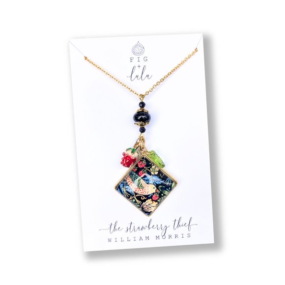 Strawberry Thief Pendant Necklace, William Morris Bird Cottage Core, Sandstone - Picture 7 of 8